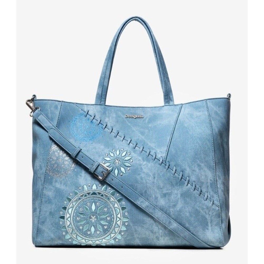 VeryRare Desigual Denim LightBlueWash Boho Embroidered&Embosd Lg Tote Bag HtFEuC